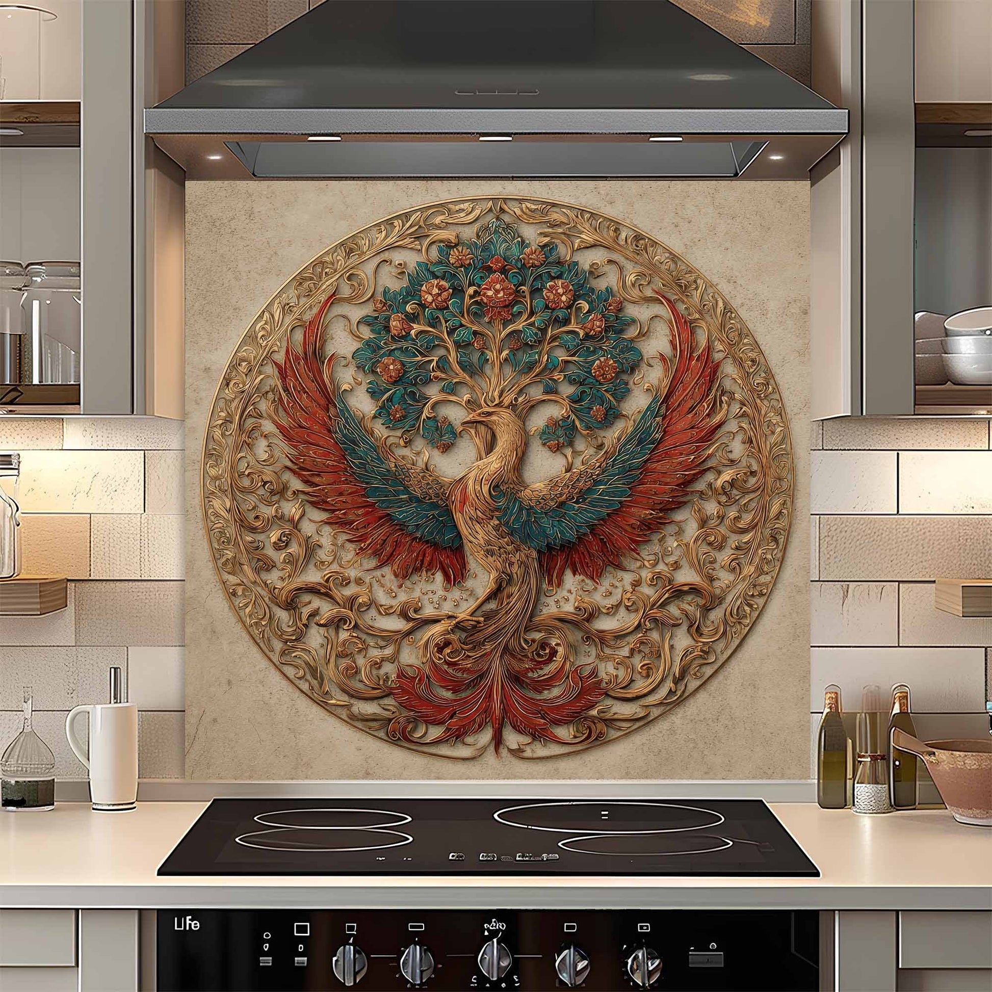 Custom kitchen backsplash with a phoenix design above a kitchen stove.