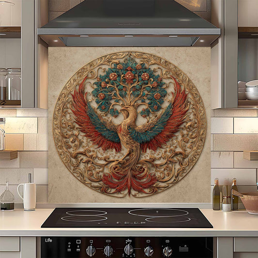 Custom kitchen backsplash with a phoenix design above a kitchen stove.