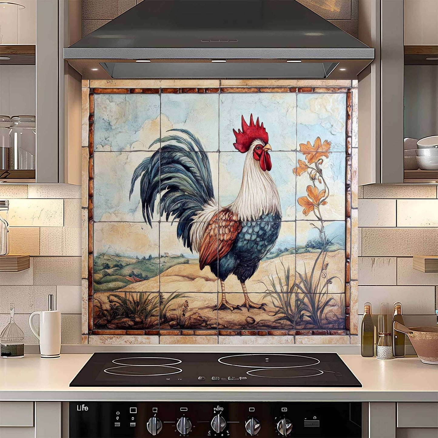 Kitchen with a decorative glass backsplash featuring a rooster.