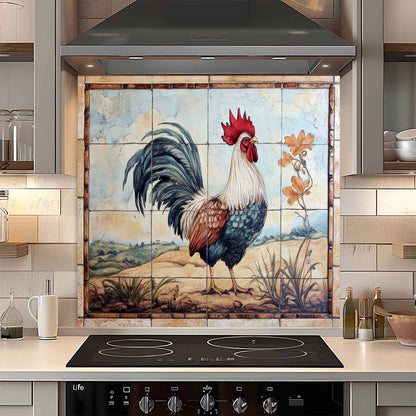 Kitchen with a decorative glass backsplash featuring a rooster.
