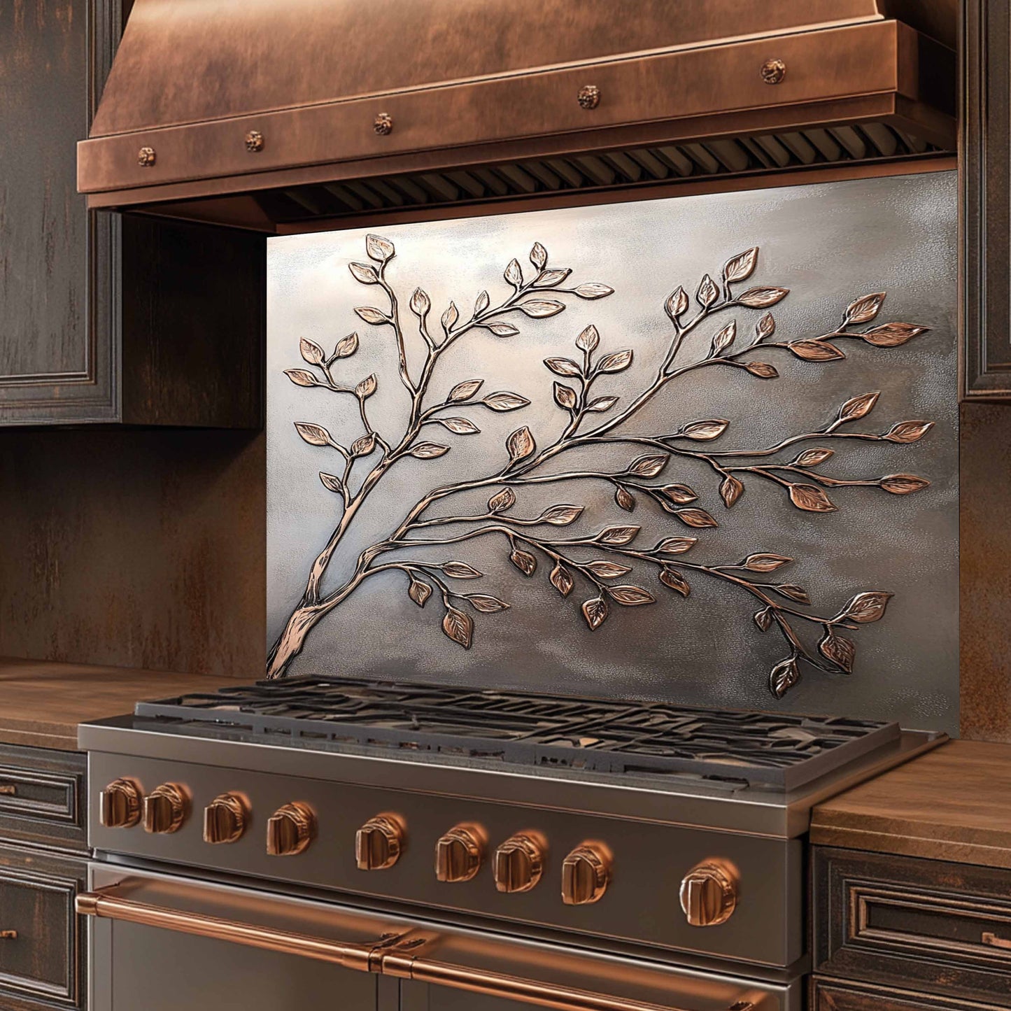 Stainless steel stove with decorative leaf design on the back splash in a kitchen setting.