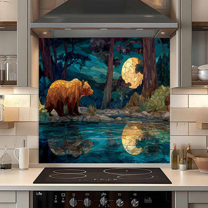 Kitchen with a decorative glass splashback featuring a bear and moonlit forest design.