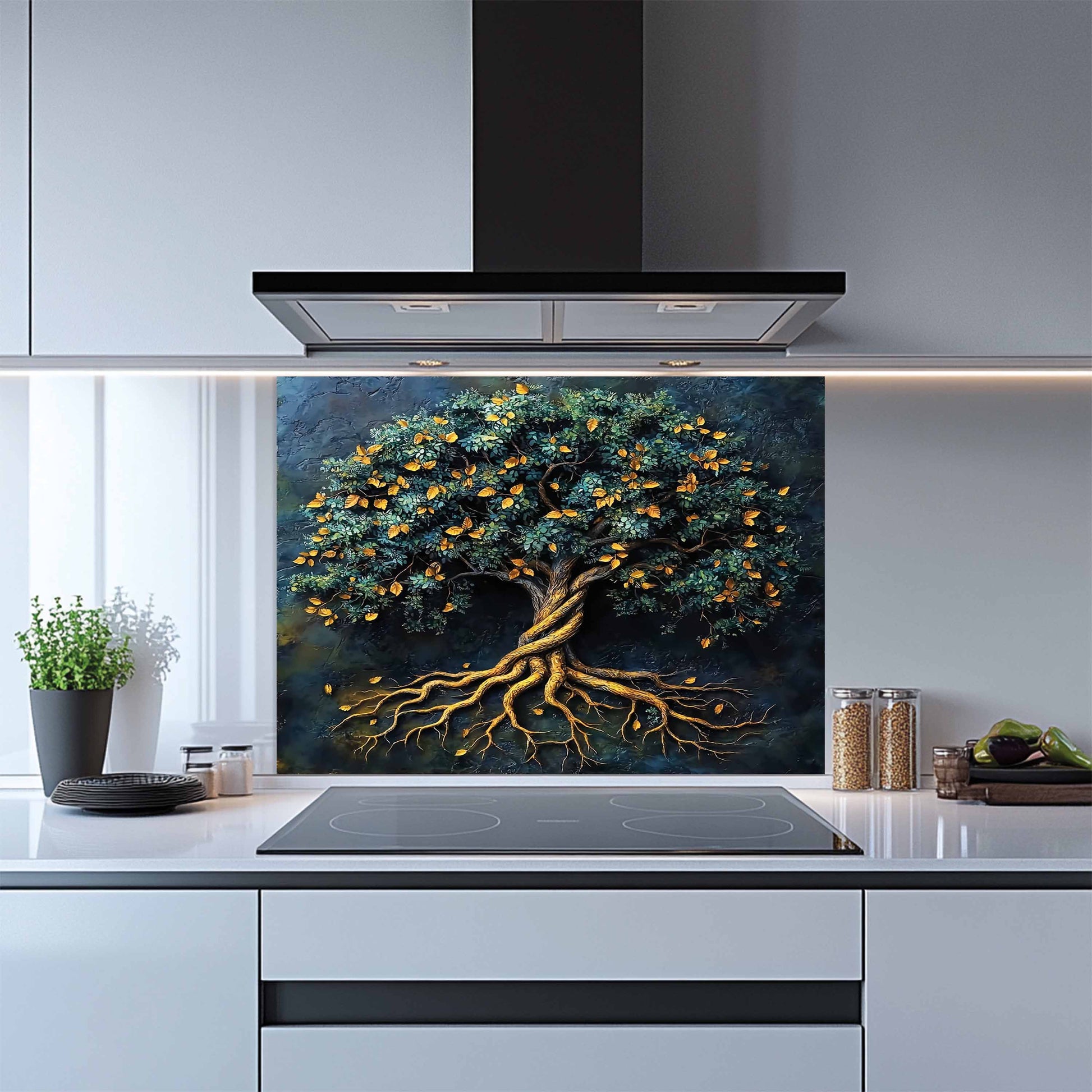 Kitchen with a decorative glass splashback featuring an tree design.
