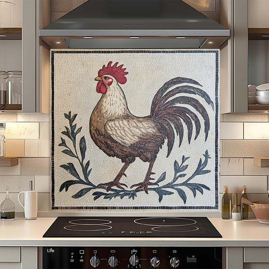 Kitchen backsplash with a rooster design in a modern kitchen setting