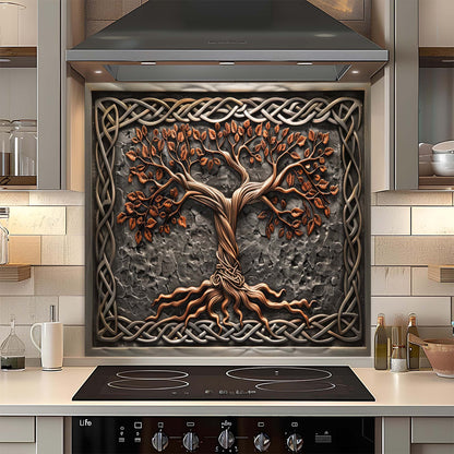 Decorative glass backsplash with a tree design above a stove in a kitchen.