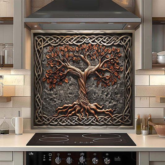Decorative glass backsplash with a tree design above a stove in a kitchen.