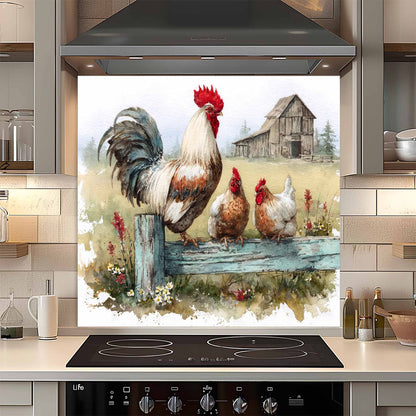 Decorative glass splashback with rooster design in a kitchen setting