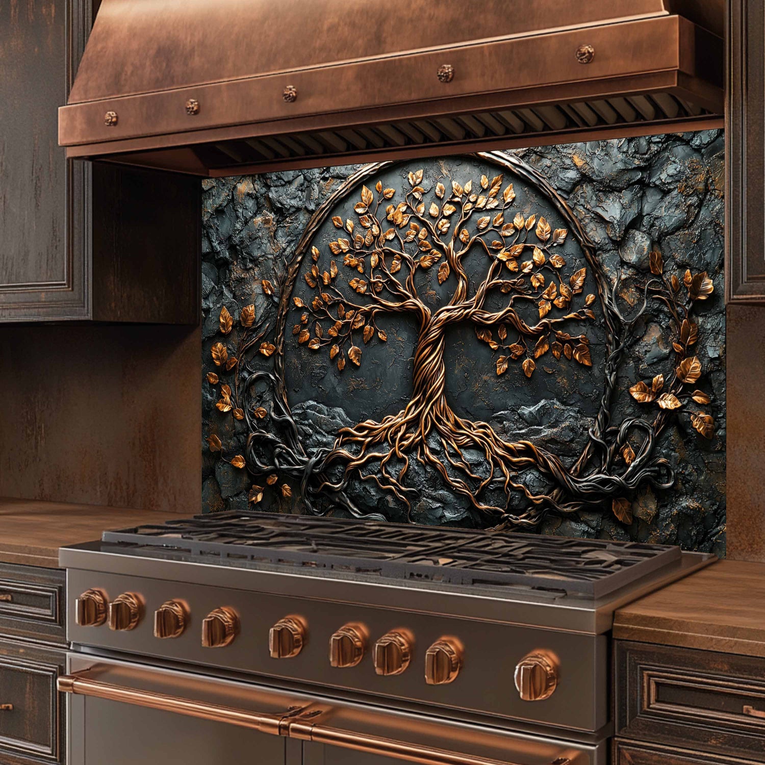 Stainless steel stove with copper accents and decorative tree glass backsplash.