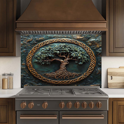 Decorative glass backsplash with a tree design above a stove in a kitchen.