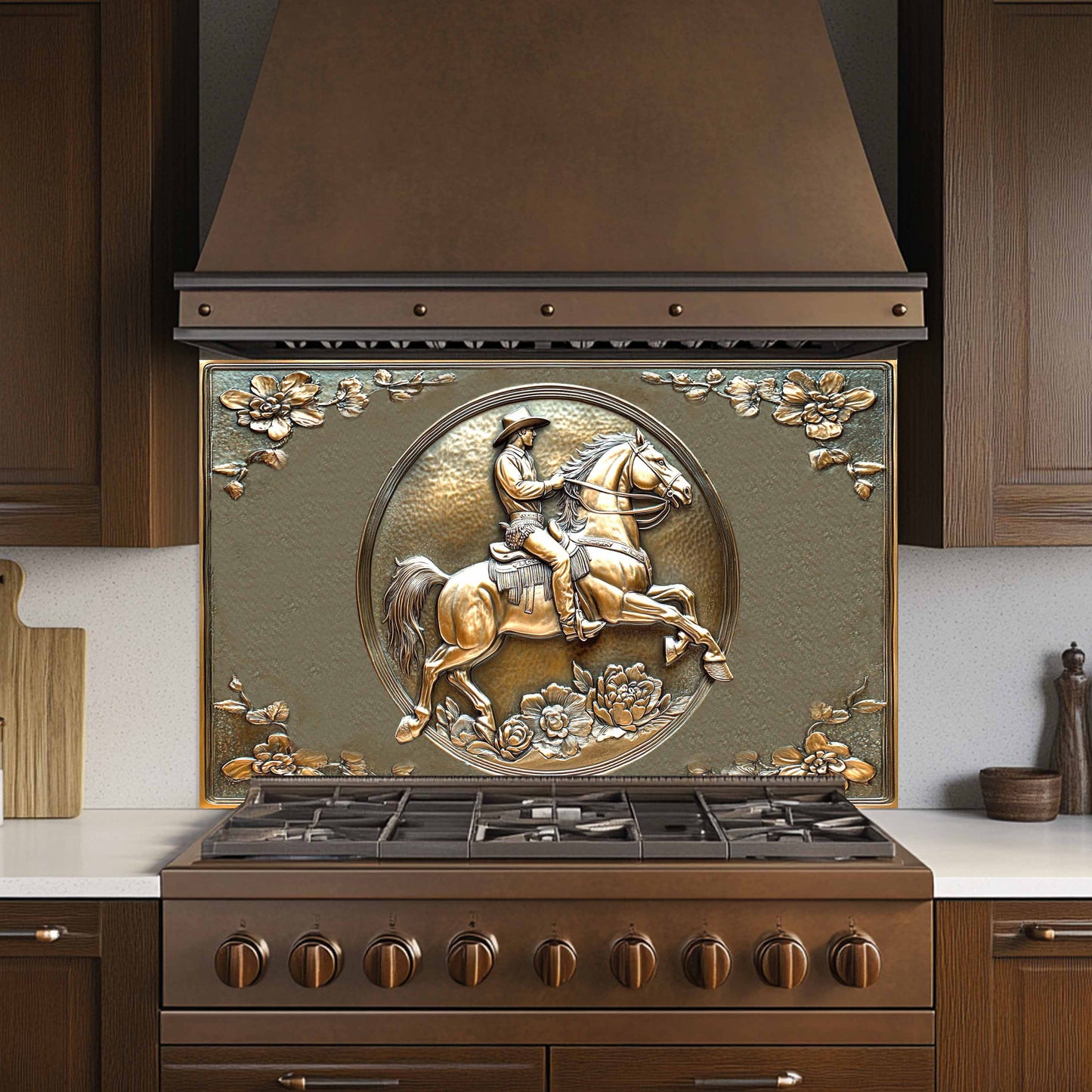 Tempered glass backsplash with copper rider design in modern kitchen.