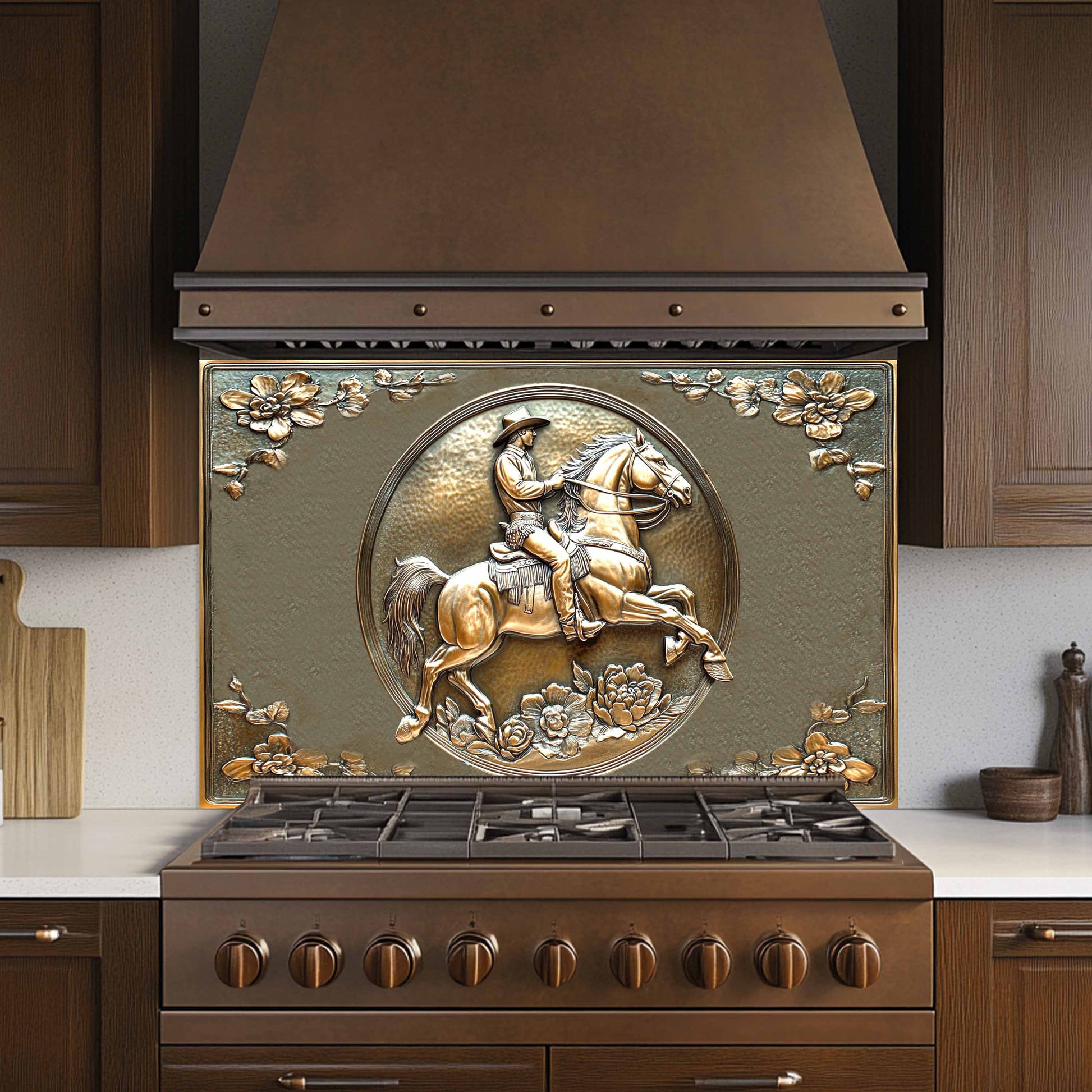 Tempered glass backsplash with copper rider design in modern kitchen.
