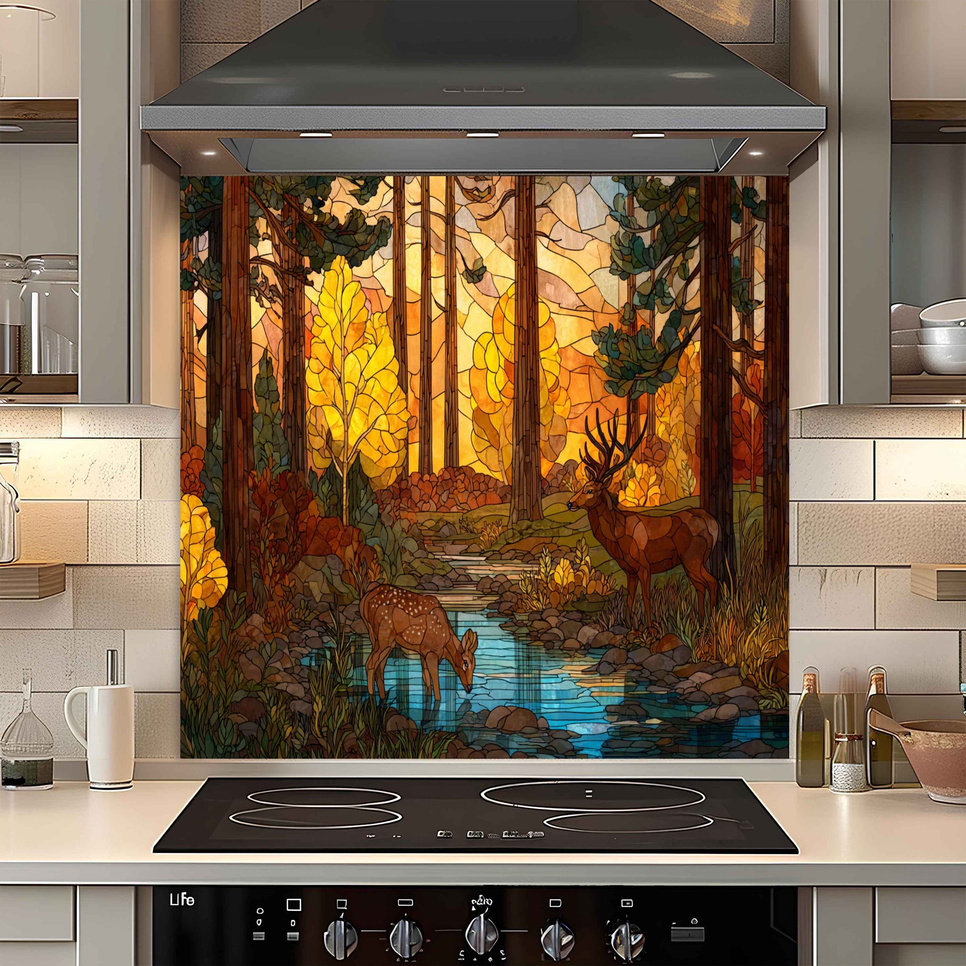 Kitchen with a decorative glass panel featuring deer in a forest design.