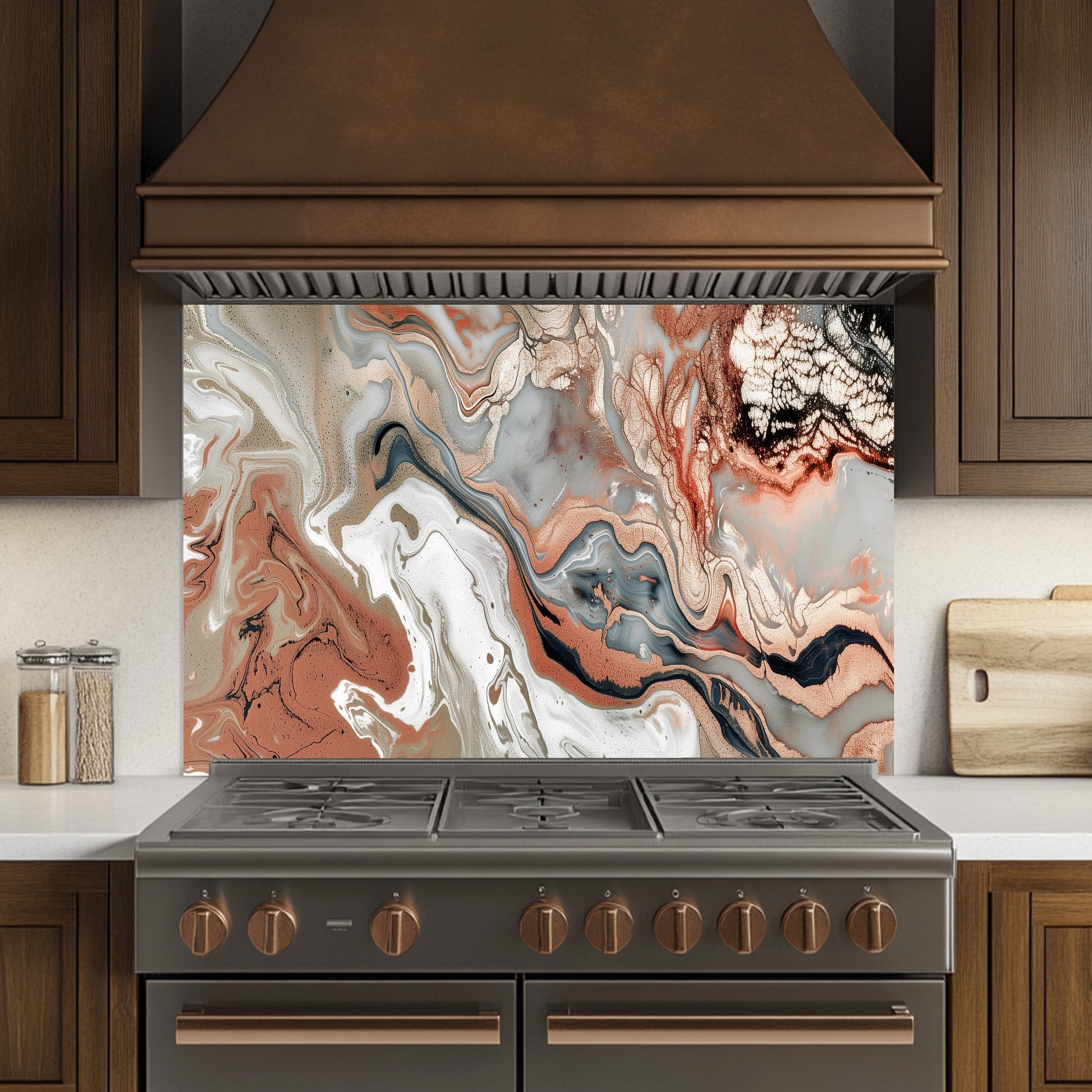 Kitchen stove with a decorative backsplash featuring swirling colors.
