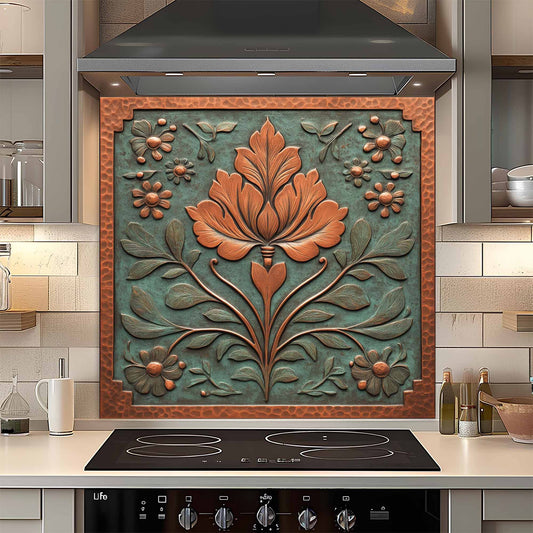 Decorative glass backsplash with floral design in a kitchen setting