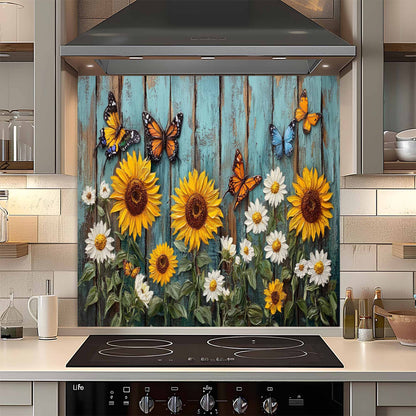 Custom kitchen backsplash featuring sunflowers and butterflies.