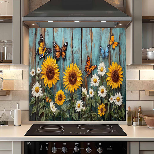 Custom kitchen backsplash featuring sunflowers and butterflies.