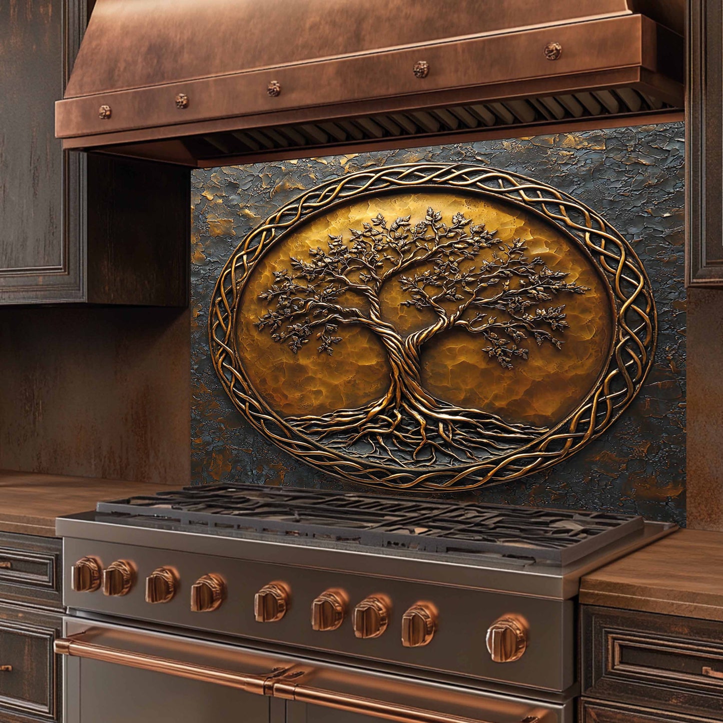 Decorative kitchen backsplash with tree design in a rustic setting
