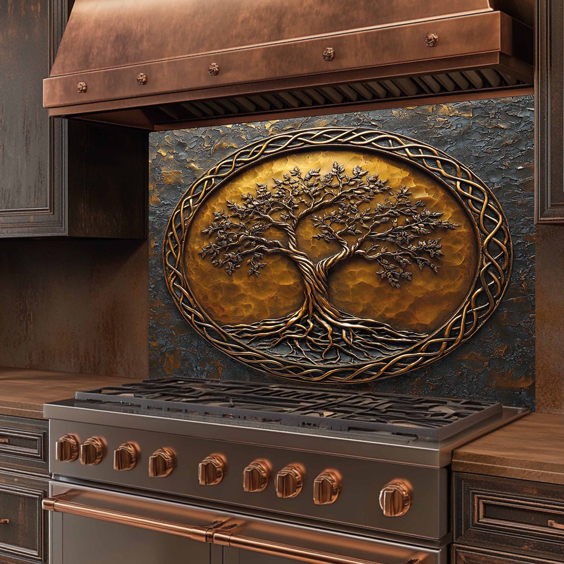 Decorative kitchen backsplash with tree design in a rustic setting