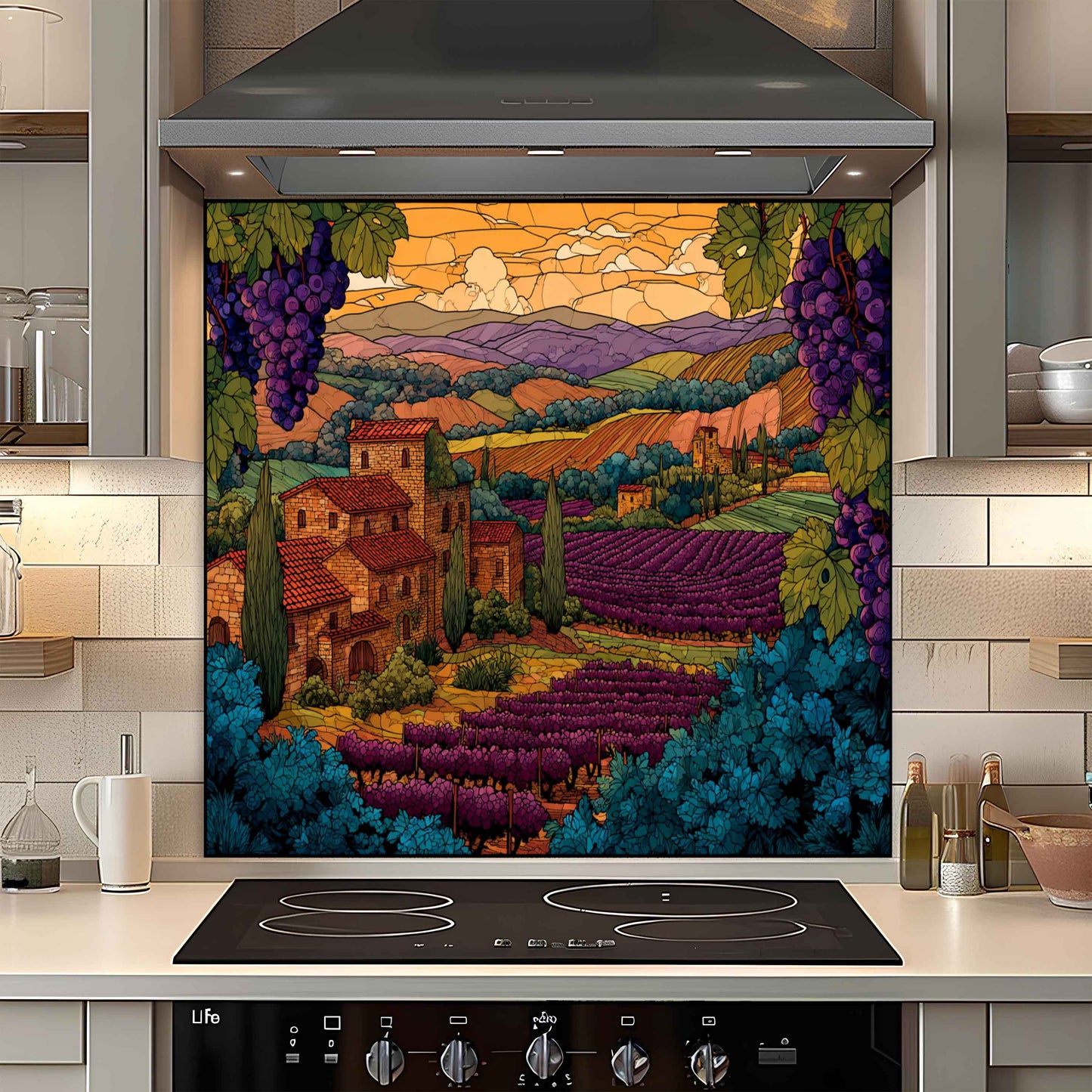 Decorative backsplash with a colorful landscape design in a kitchen.