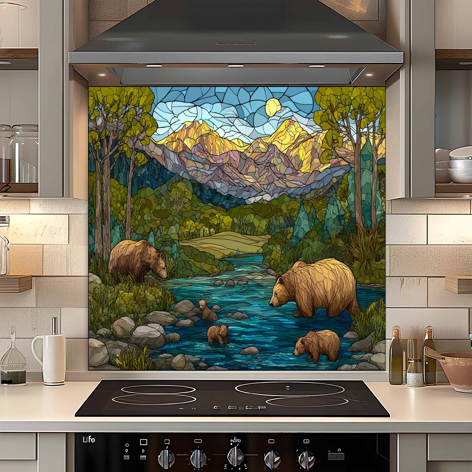 Kitchen with a decorative glass panel featuring bears and mountains
