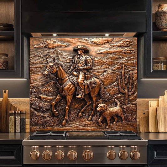 Stainless steel stove with cowboy and horse design on the kitchen backsplash in a kitchen setting.