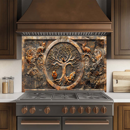 Decorative glass backsplash with tree of life design above a stove in a kitchen.