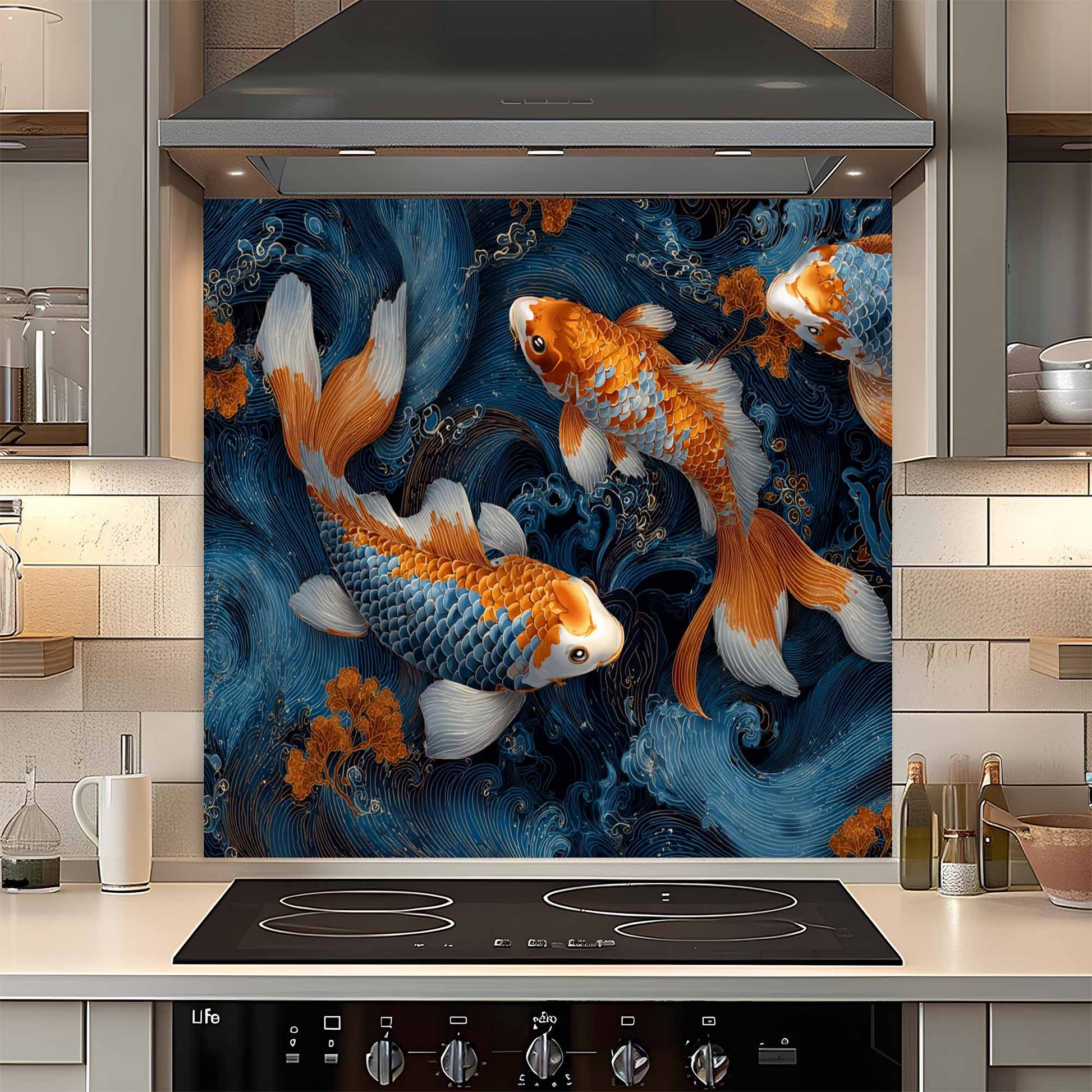 Decorative glass backsplash with koi fish design in a kitchen setting