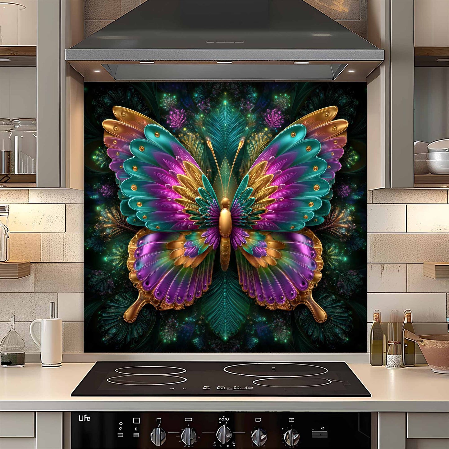 Colorful butterfly design on a kitchen glass backsplash