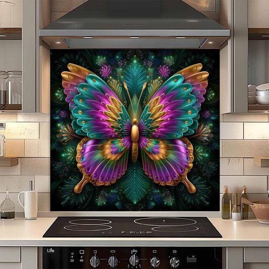 Colorful butterfly design on a kitchen glass backsplash