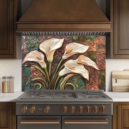 Decorative kitchen backsplash with floral design above a stove.