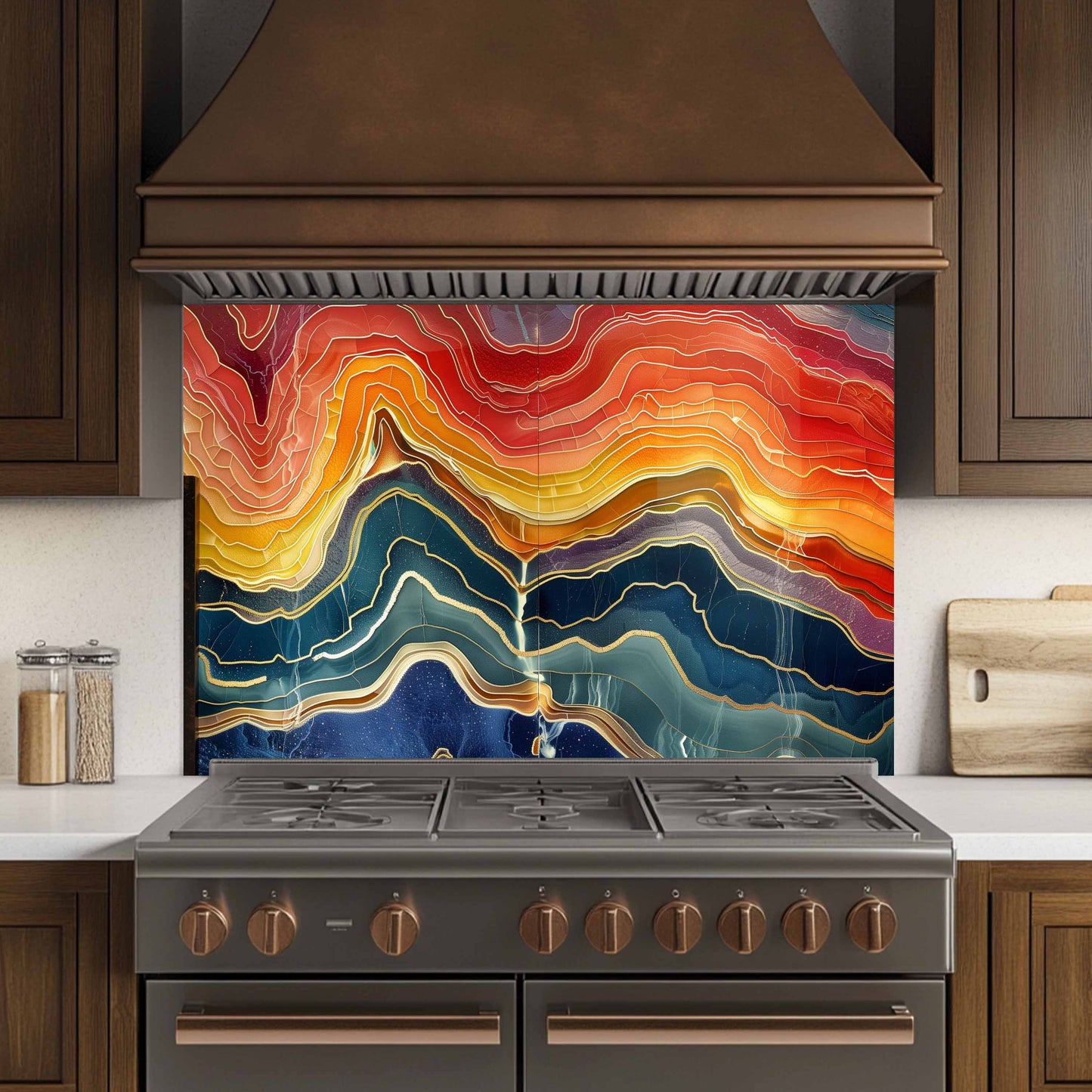 Kitchen stove with a colorful abstract design on the backsplash