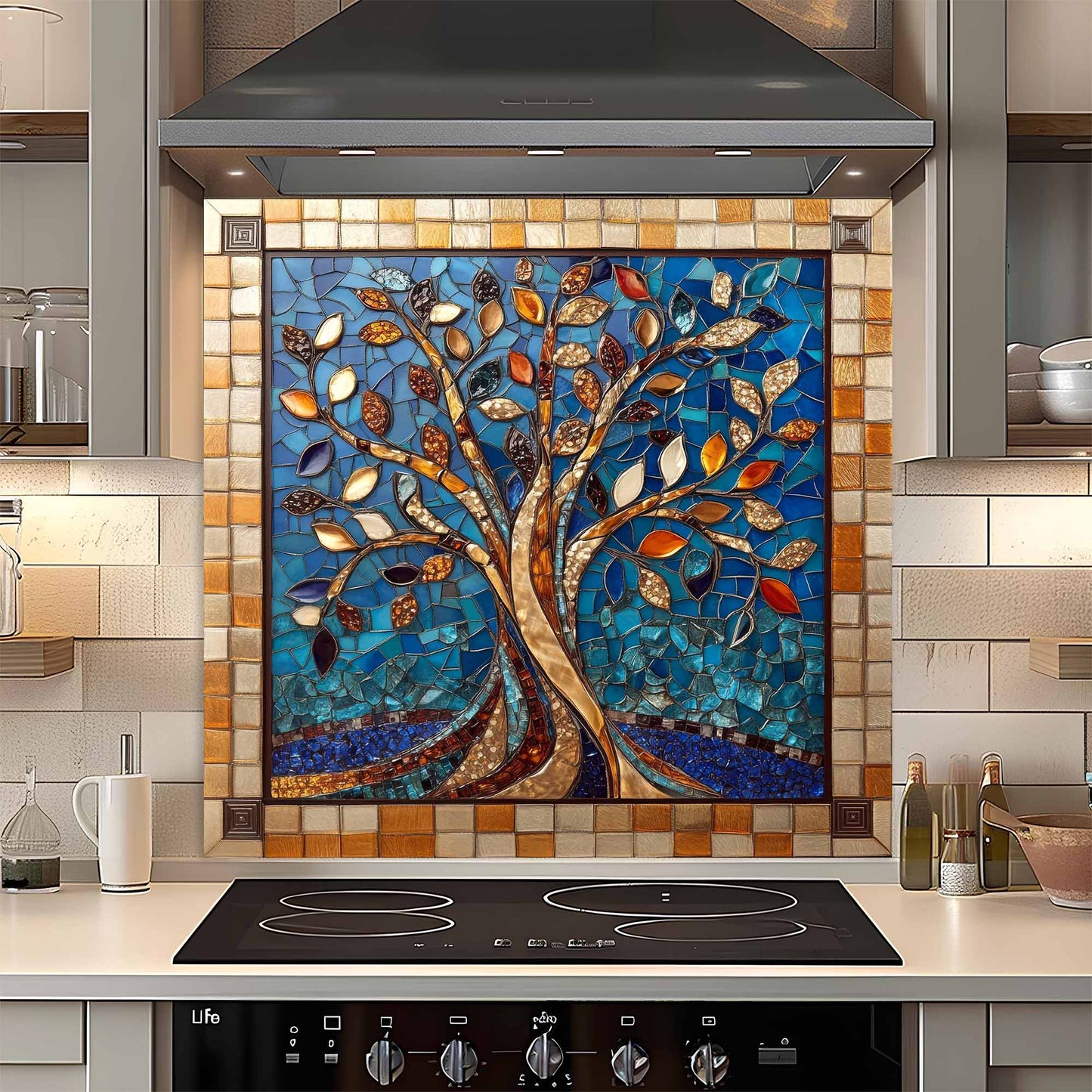 Colorful mosaic glass backsplash with tree design in a kitchen