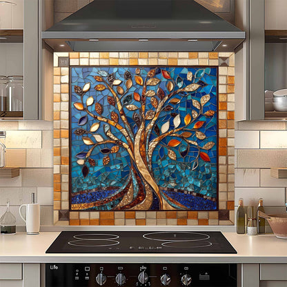 Colorful mosaic glass backsplash with tree design in a kitchen