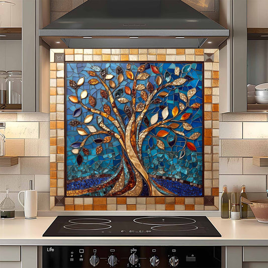 Colorful mosaic glass backsplash with tree design in a kitchen