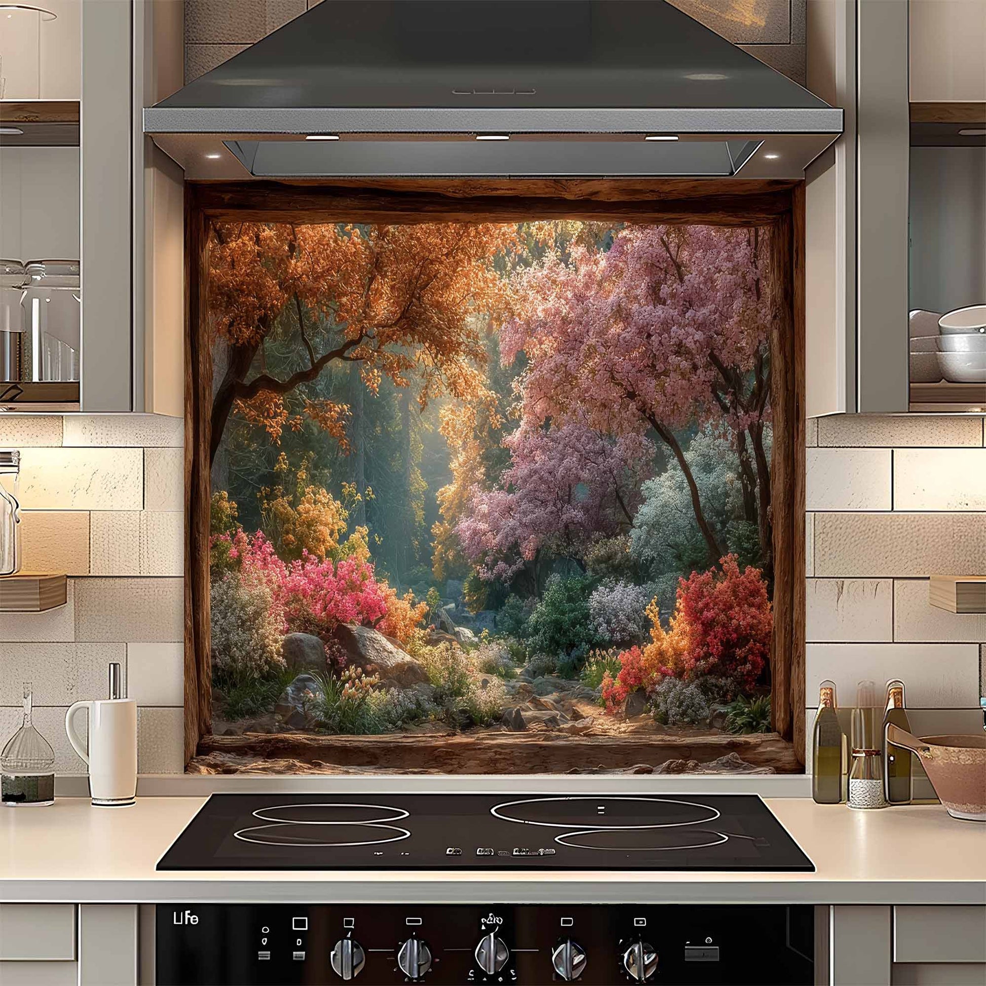 Kitchen with a decorative glass splashback featuring a nature scene.