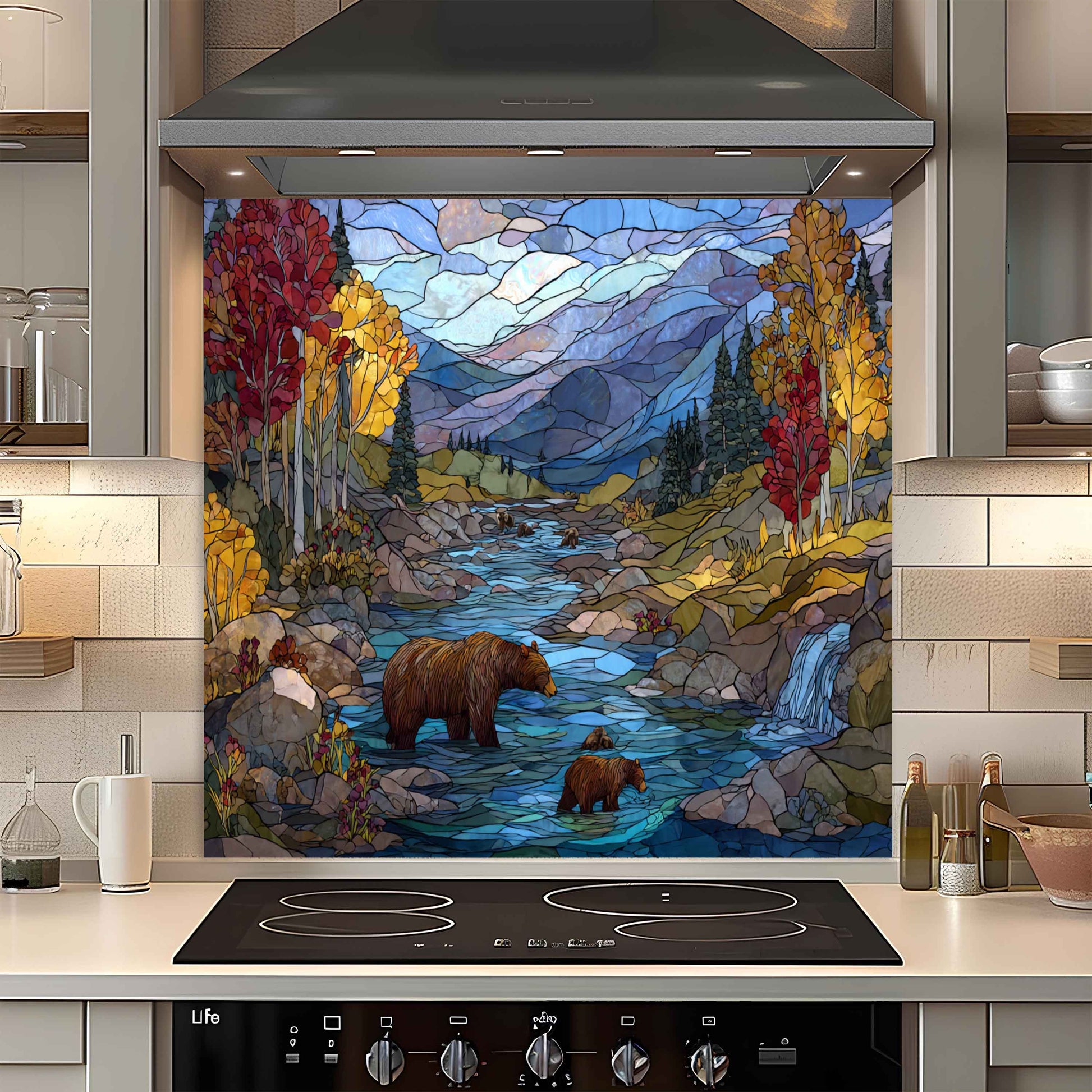 Kitchen with a decorative glass splashback featuring a bear and bear cubs by a stream.