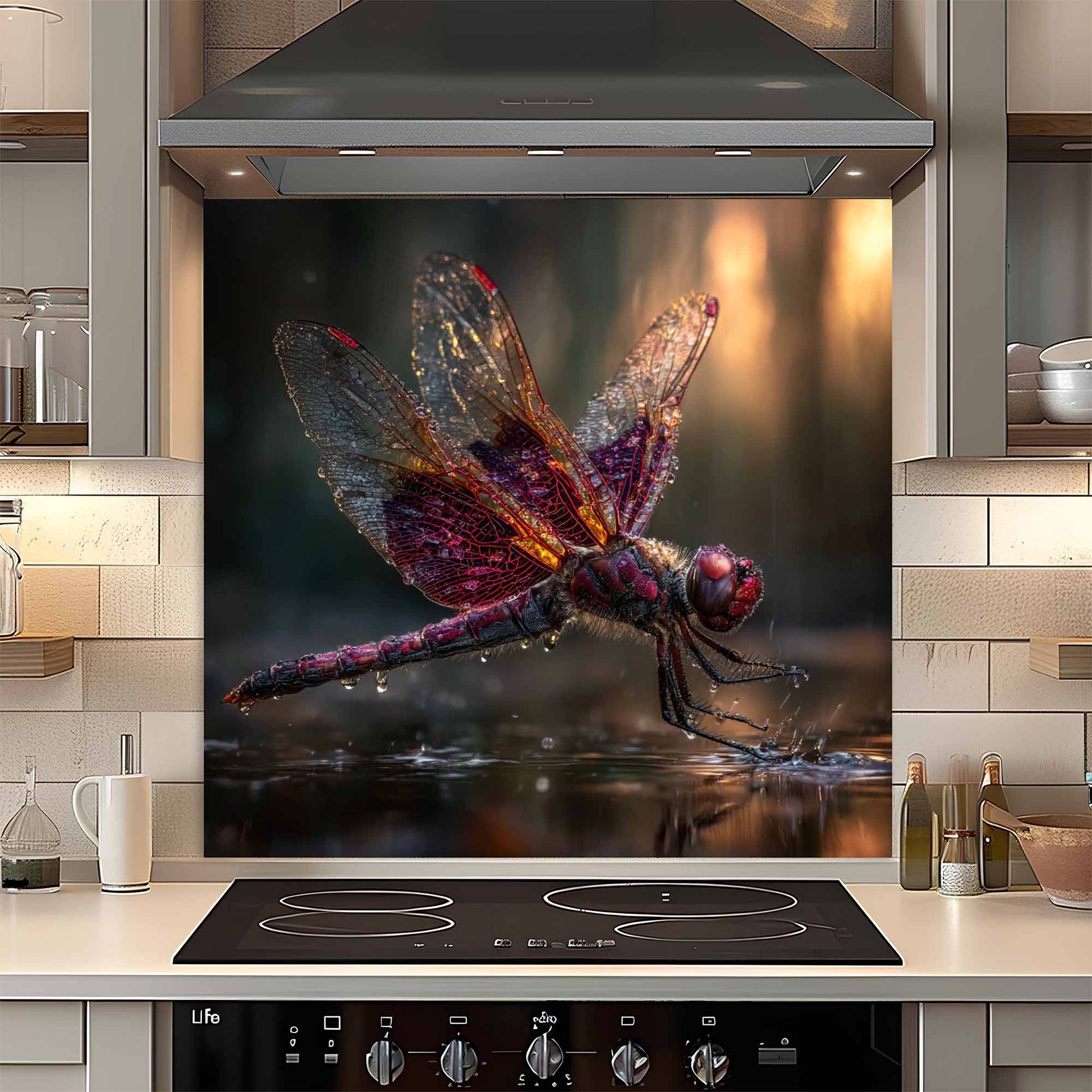 Kitchen with a decorative glass splashback featuring a dragonfly design.