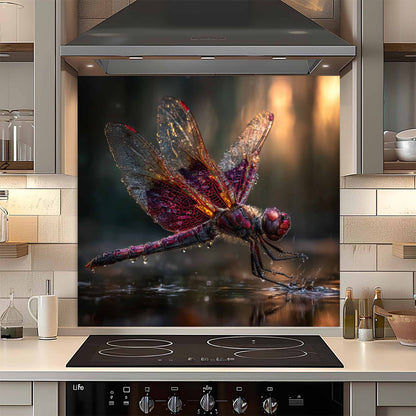 Kitchen with a decorative glass splashback featuring a dragonfly design.
