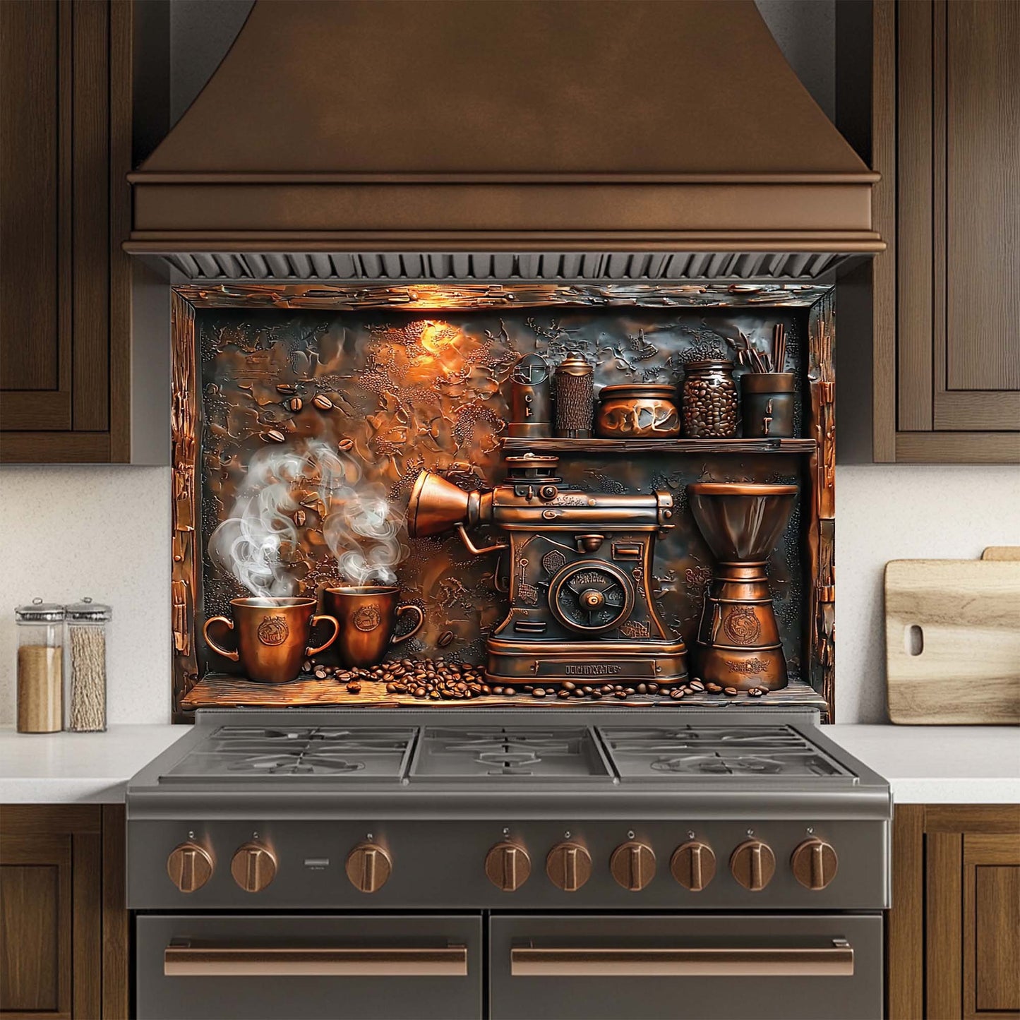Decorative glass backsplash with copper theme above a stove in a kitchen.