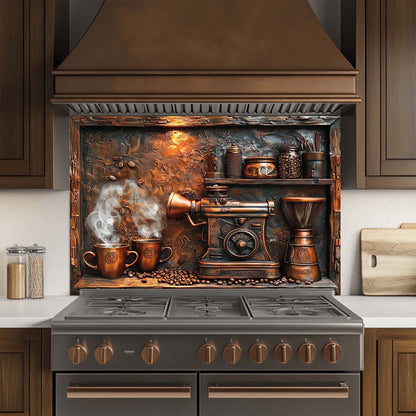 Decorative glass backsplash with copper theme above a stove in a kitchen.