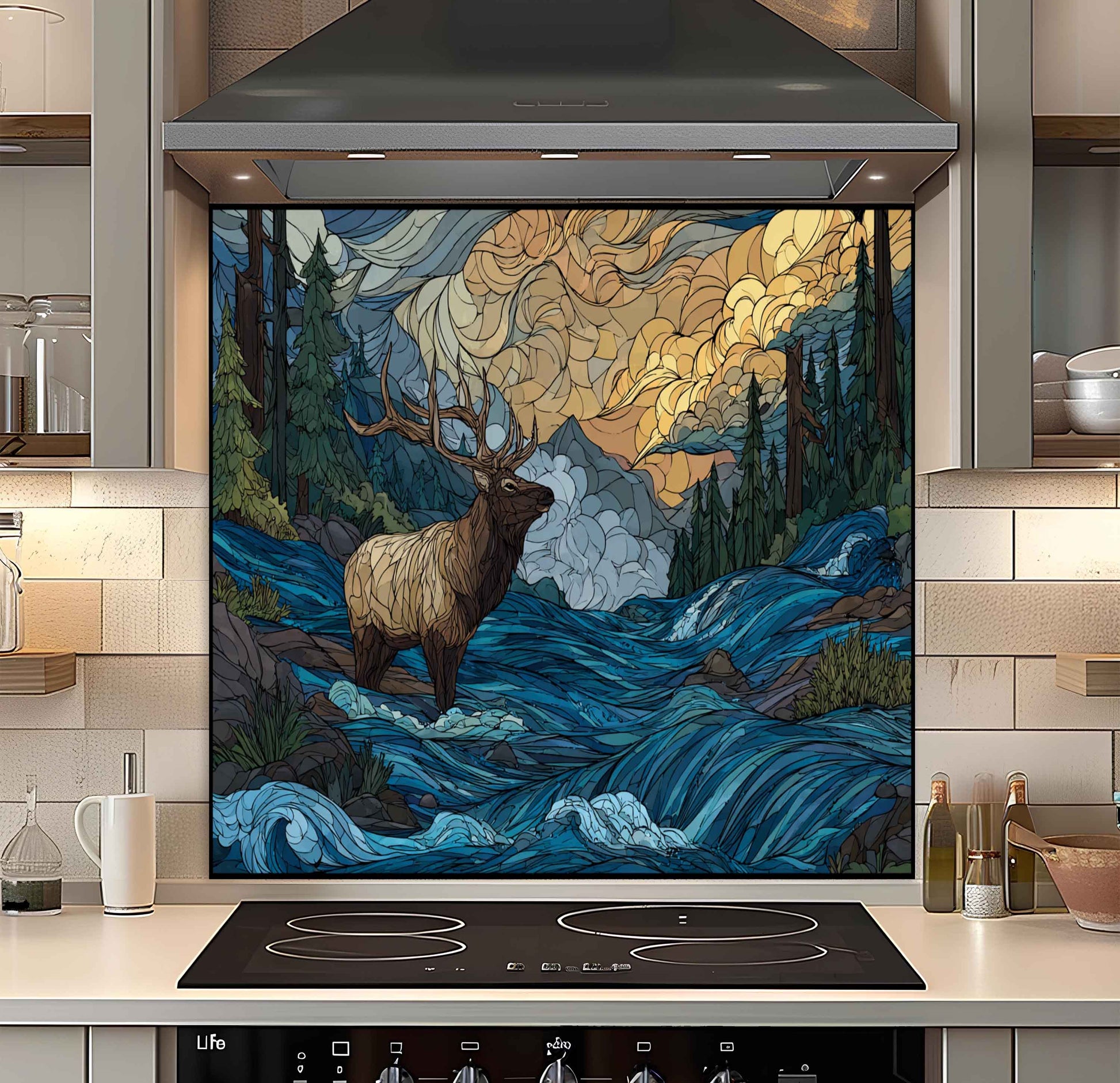 Decorative glass splashback with elk design in a kitchen setting