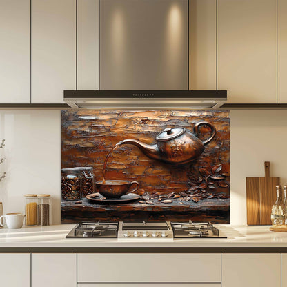 Kitchen with a decorative backsplash featuring a copper teapot and cup scene.
