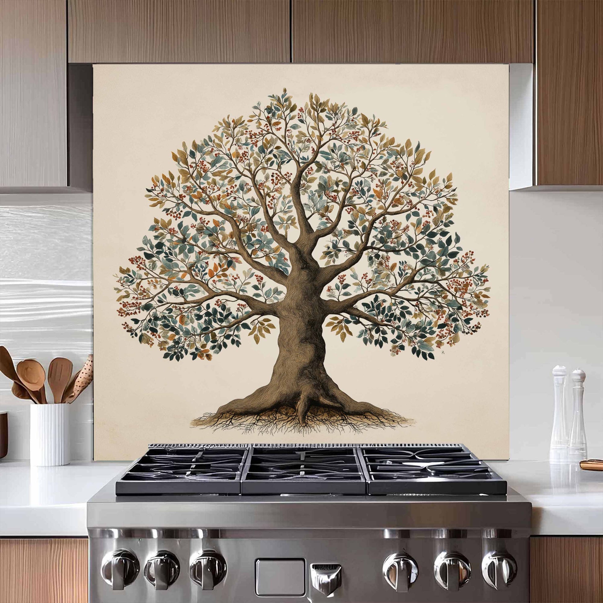 Stainless steel stove with a decorative tree splashback in a kitchen setting