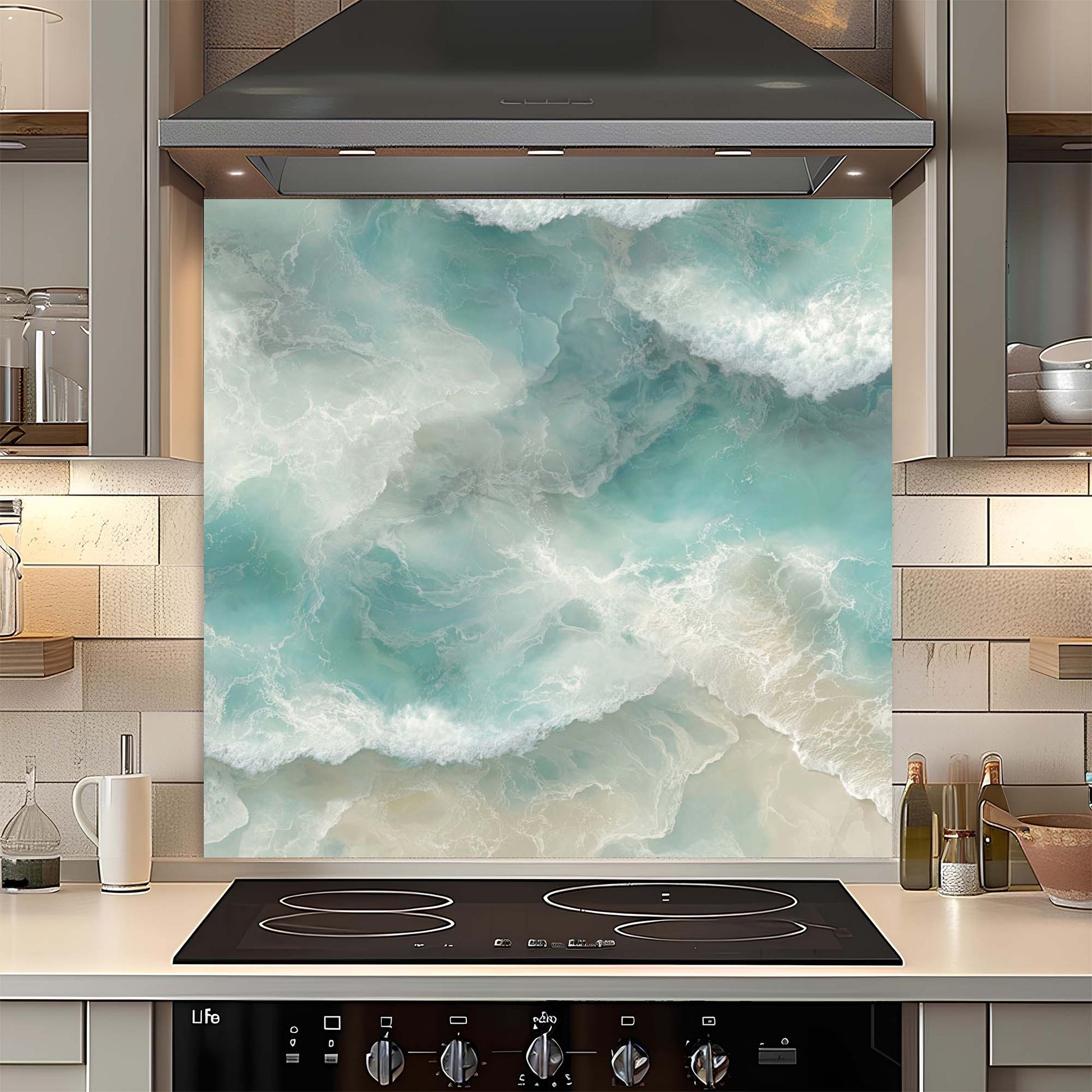 Kitchen with a decorative glass splashback featuring ocean waves.