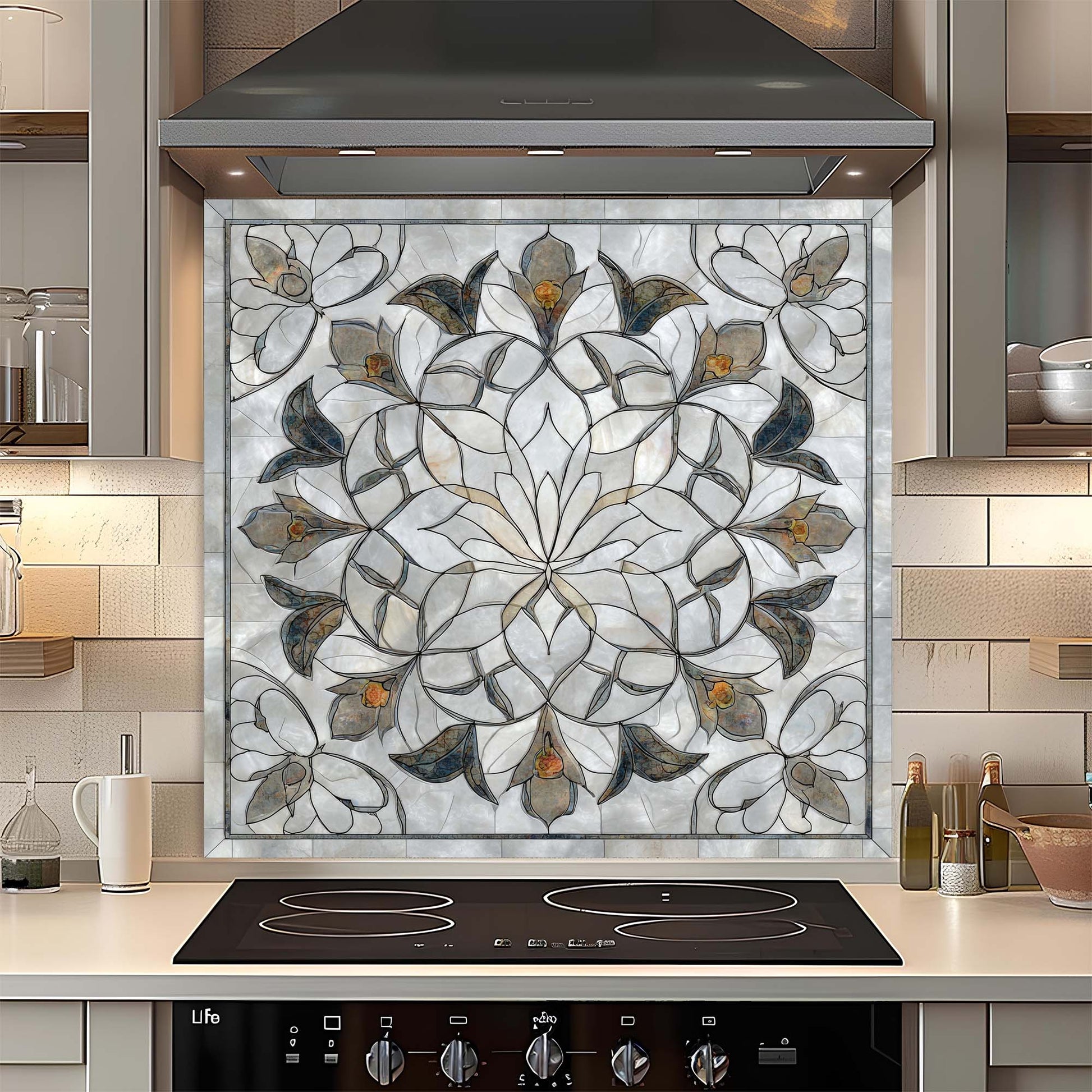 Decorative glass splashback with floral pattern in a kitchen setting