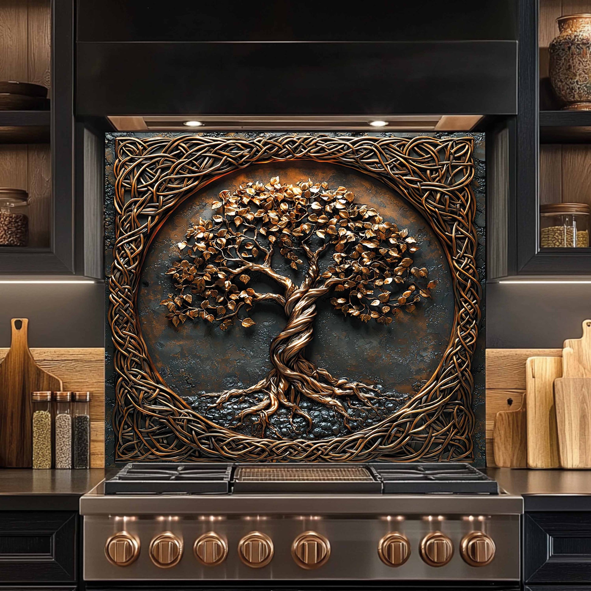 Decorative glass backsplash with a tree design above a stove in a kitchen setting.