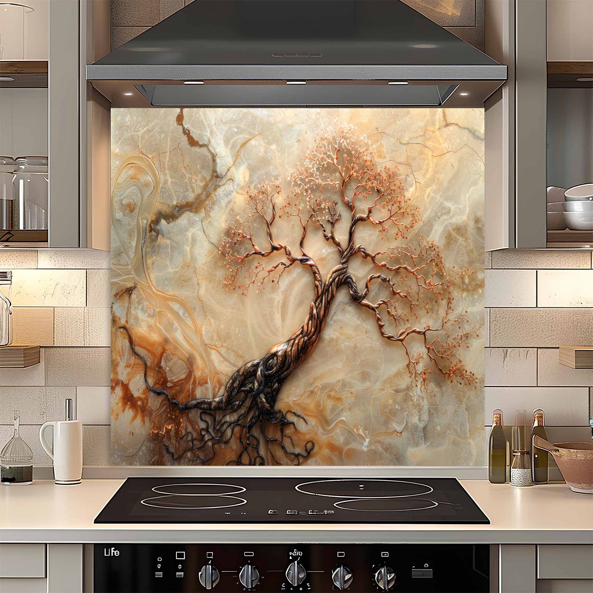 Kitchen with a decorative glass splashback featuring a tree design.