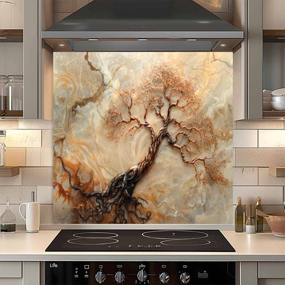Kitchen with a decorative glass splashback featuring a tree design.