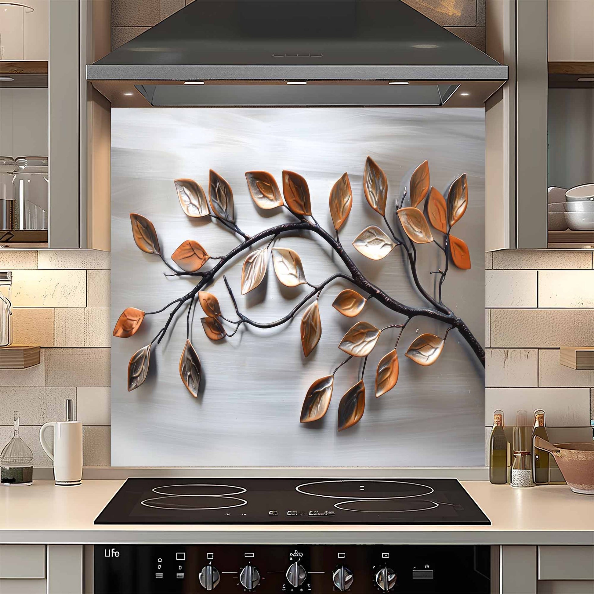 Decorative glass splashback with leaf design in a kitchen setting