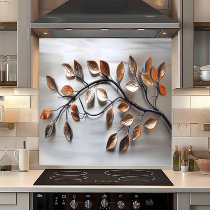 Decorative glass splashback with leaf design in a kitchen setting